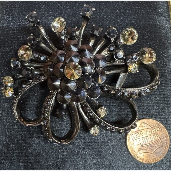 Vintage Rhinestone Starburst Flower Statement Brooch Black Champagne - Picture 5 of 14
